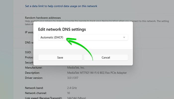 در پنجره باز شده، حالت Automatic (DHCP) را به Manual یا دستی تغییر دهید.