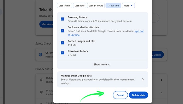 در این قسمت Cookies and other site data و Cached images and files را حذف کنید.