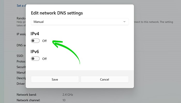 گزینه IPv4 را فعال کنید تا 2 کادر Preferred DNS و Alternate DNS مشاهده شوند. در این مرحله، باید DNS موردنظر خود را وارد کنید. در پایان تغییرات را ذخیره کنید.