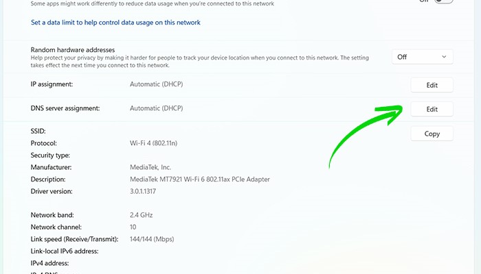 در صفحه اتصال، گزینه DNS server assignment را انتخاب و بر روی گزینه Edit کلیک کنید.
