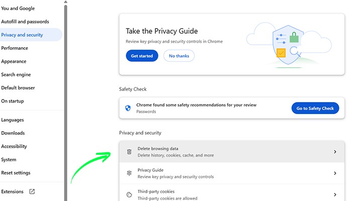 در مرحله بعد، وارد بخش Delete browsing data شوید.